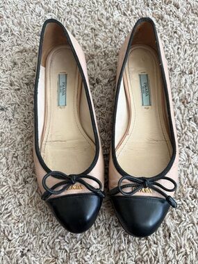 Prada Pink and Black Cap-Toe Bow Ballet Flats